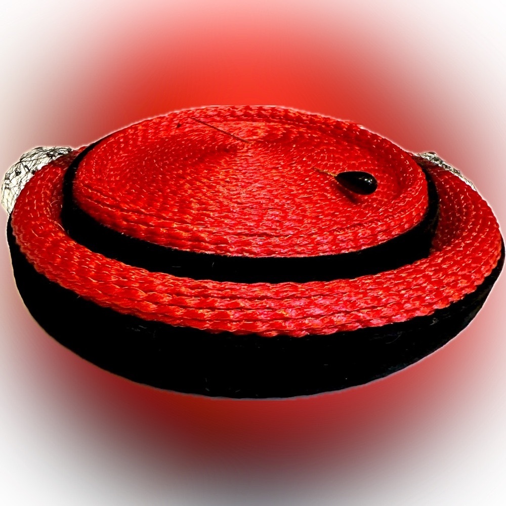 VTG RARE MID CENTURY HOUSTON FOLEYS RED BLACK WICKER STRAW PILLBOX HAT HIGH TEA